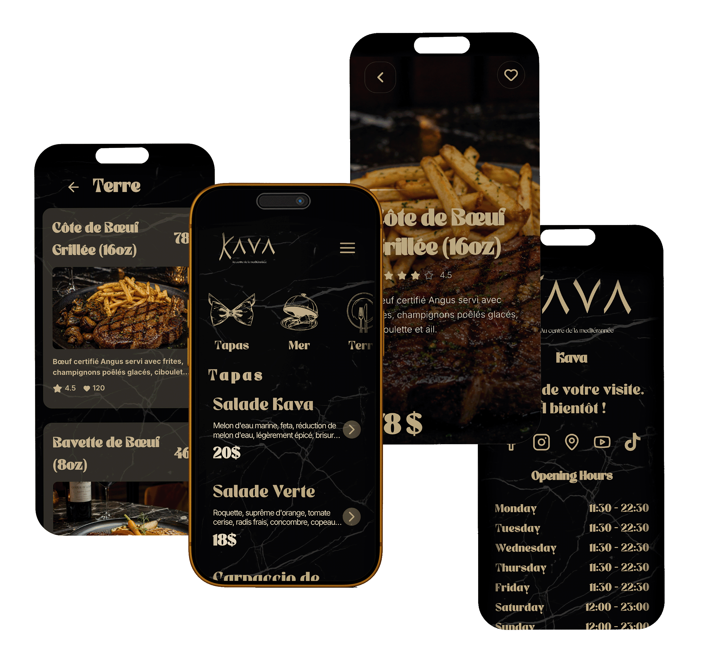 Fine dining and luxury digital menu template mockups on smartphones